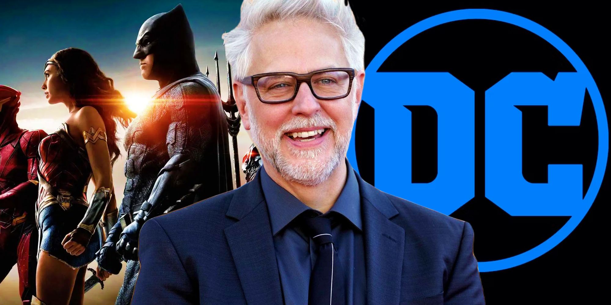 A Liga da Justiça do DCEU em frente ao nascer do sol ao lado de James Gunn sorrindo e o logotipo dos filmes da DC