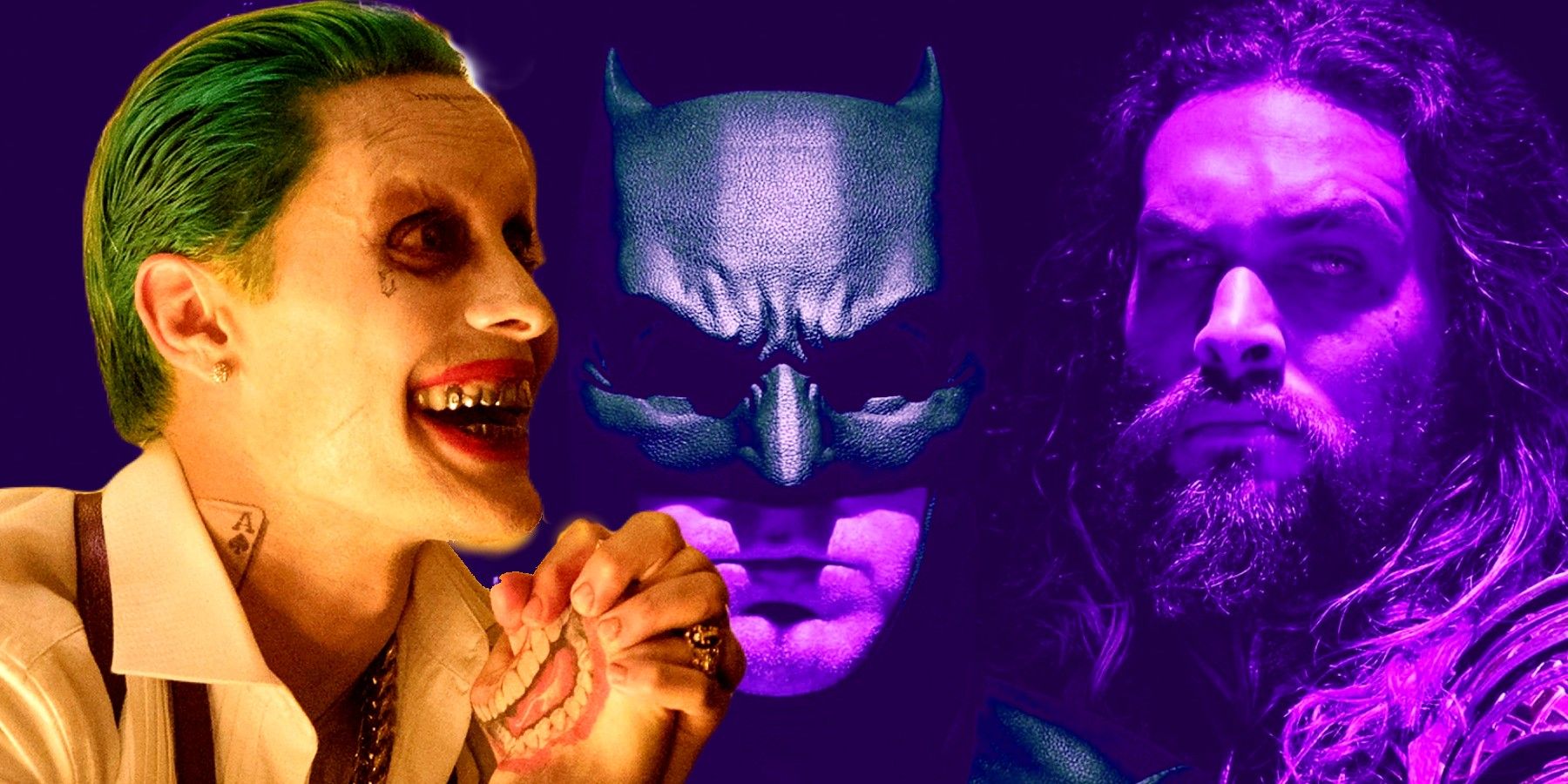 Linhas mais confusas do DCEU – imagem combinada com o Coringa de Jared Leto, Ben Affleck como Batman e Jason Momoa como Aquaman