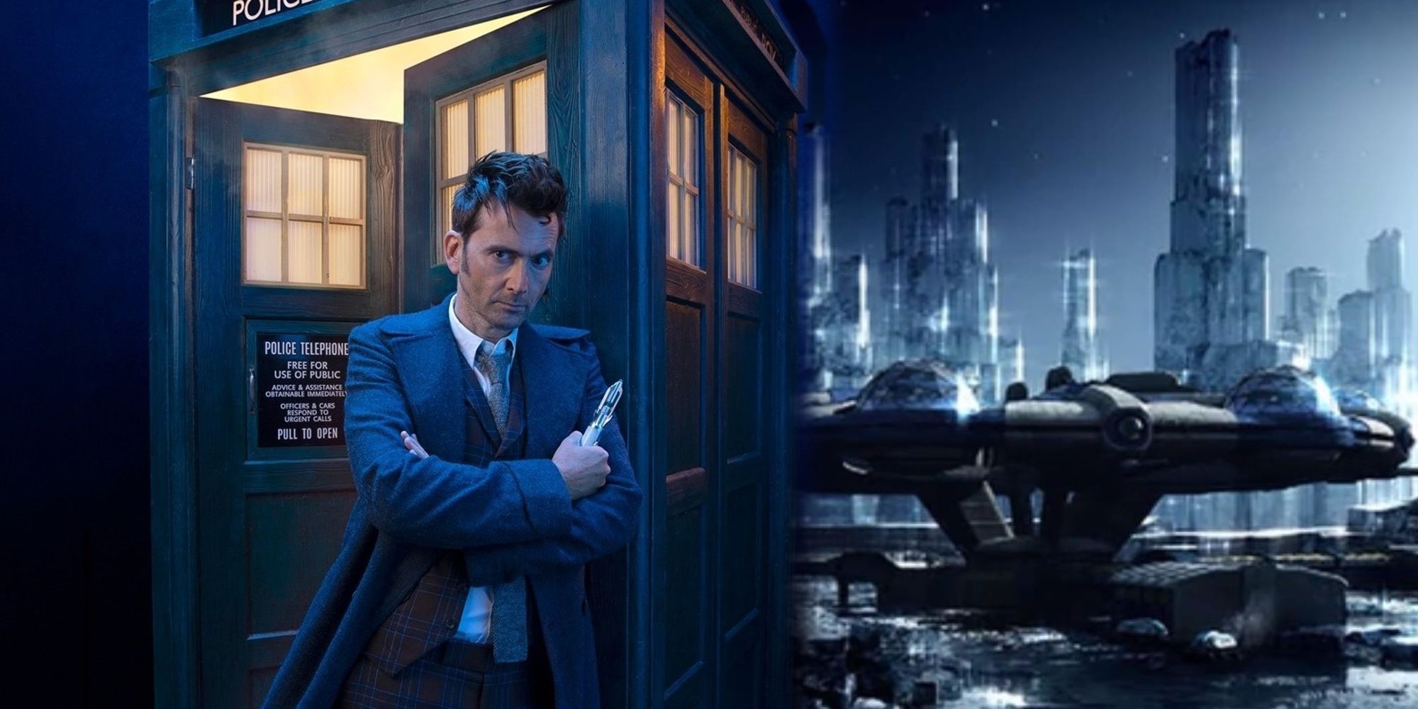 custom image of David Tennant as the Fourteenth Doctor leaning up against the TARDIS and a sci-fi cityscape