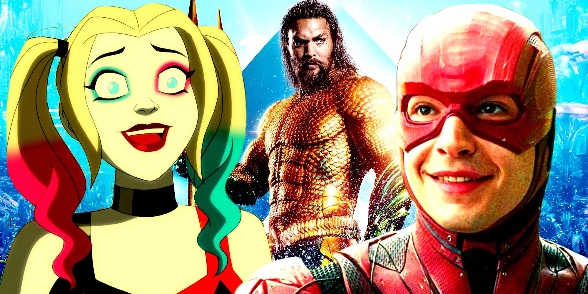 A blended image with animated series Harley Quinn, Ezra Miller’s the Flash, and Jason Momoa’s Aquaman