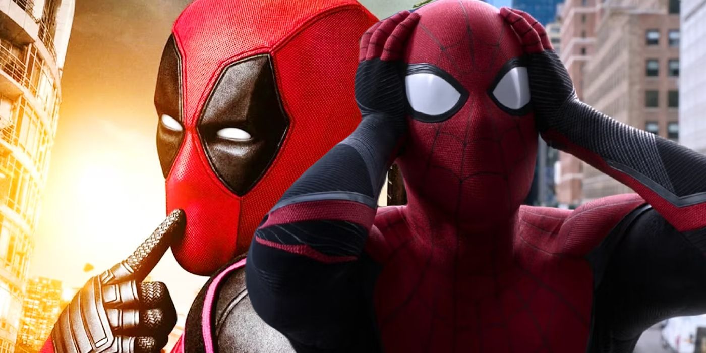 Deadpool looks coy while Spider-Man looks shocked