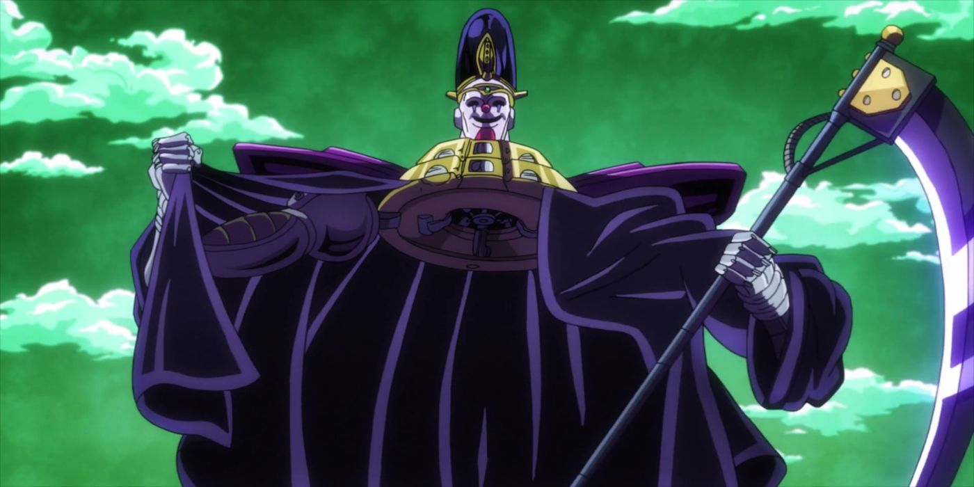 A creature resembling the Grim Reaper holds up a scythe as it smiles menacingly.