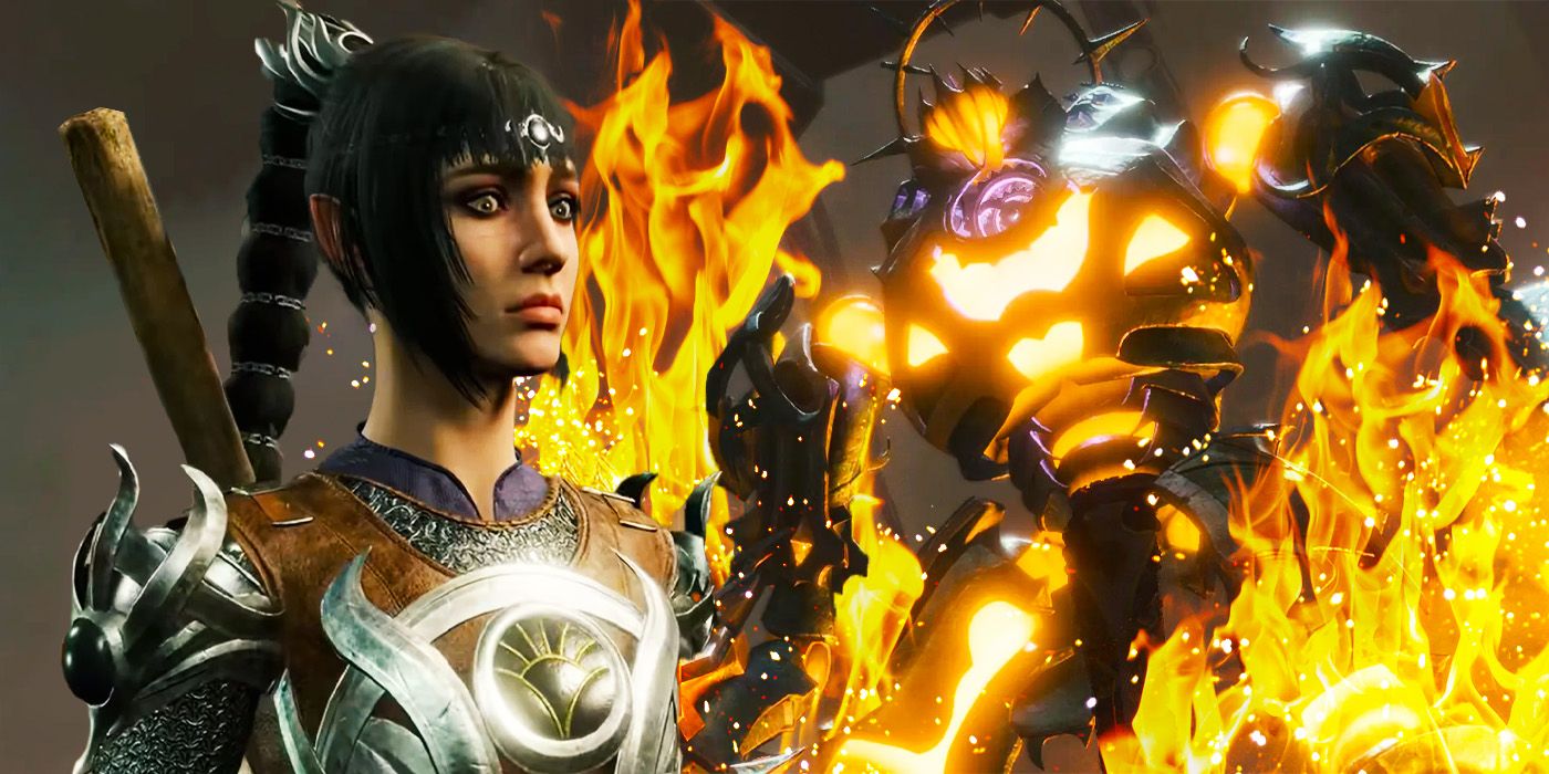 Shadowheart next to a flaming Grym, a construct in Baldur’s Gate 3.