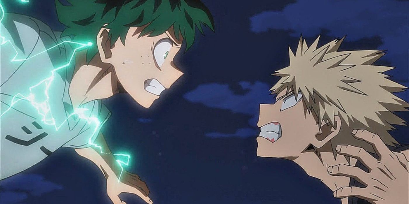 Bakugo and Deku flying toward each other in a fight in My Hero Academia