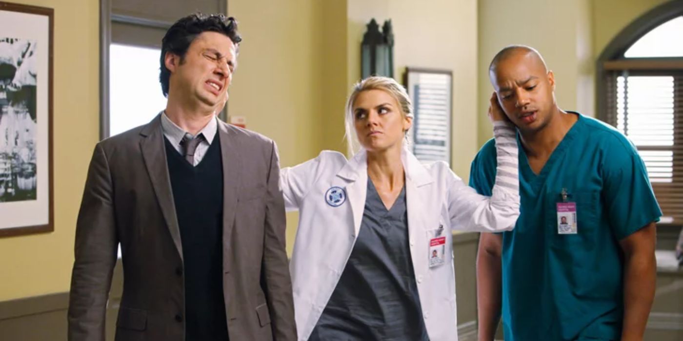 Denise tugging on JD and Turk&rsquo;s ears in Scrubs