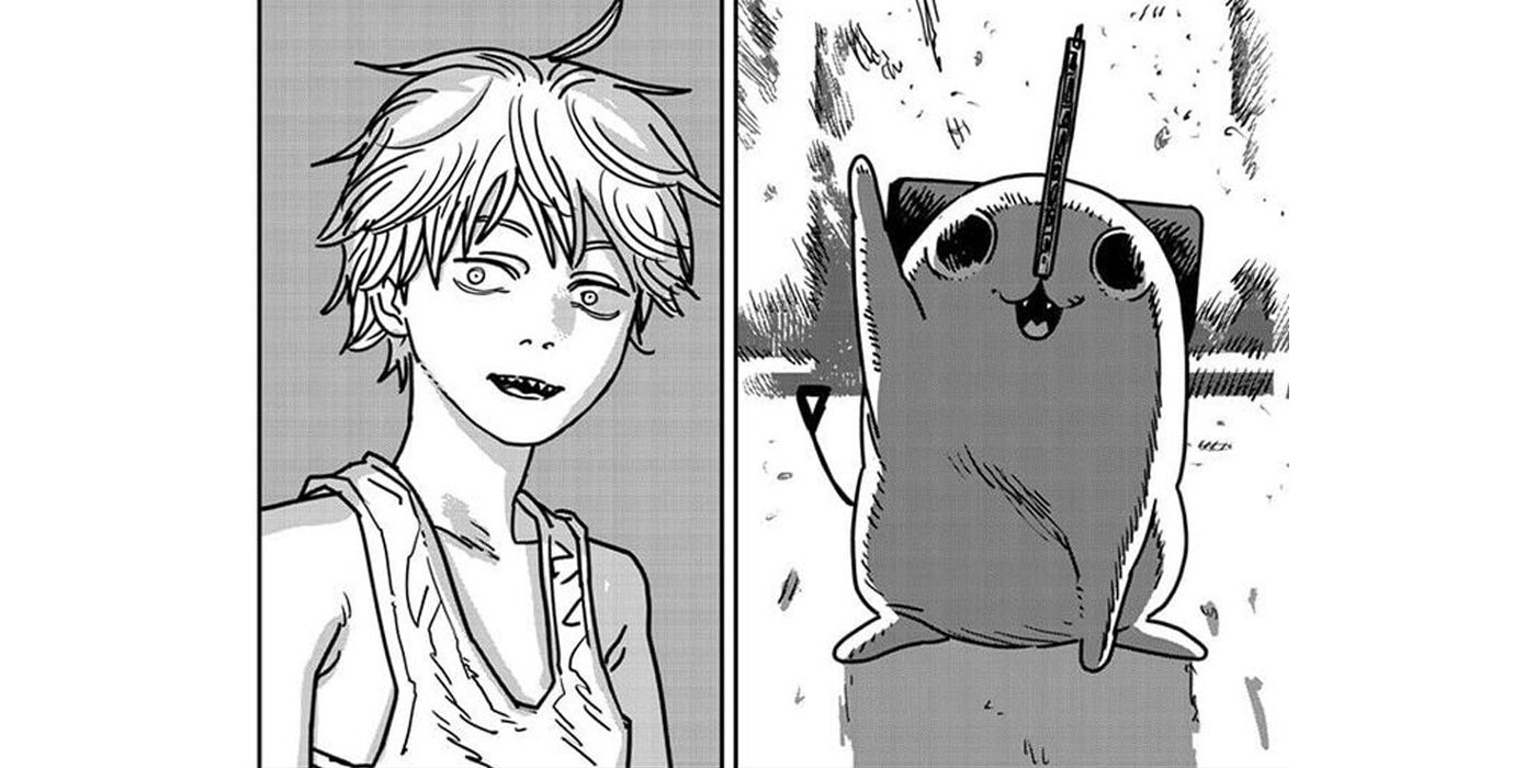 Pochita from Chainsaw Man waves at a young Denji.