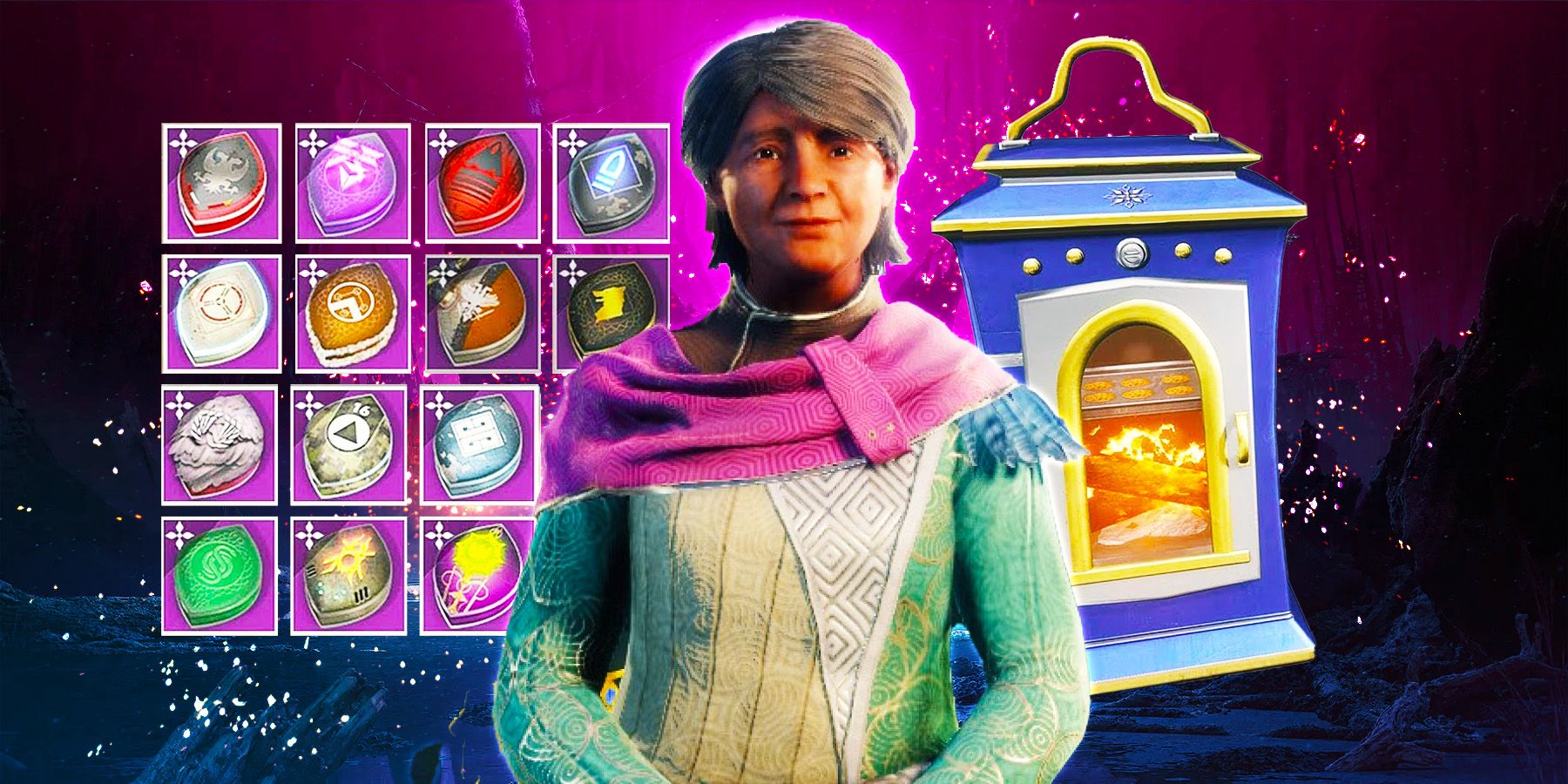 Eva Levante from Destiny 2 smiles, with recipes and the baking oven in the background.
