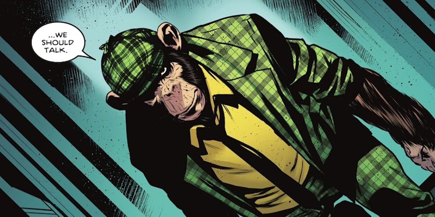 Comic book panel: Detective Chimp talks to Nightwing