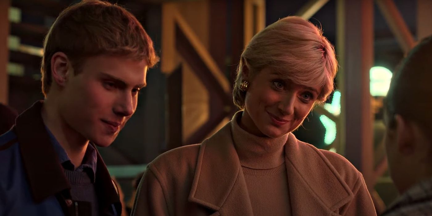 Princess Diana (Elizabeth Debicki) with Prince William (Rufus Kampa) smiling at Kate (Ella Bright) in The Crown season 6 episode 7