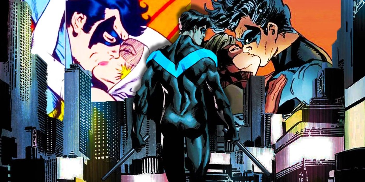 Comic book art: Nightwing faces backwards with two of his past love interests behind him.