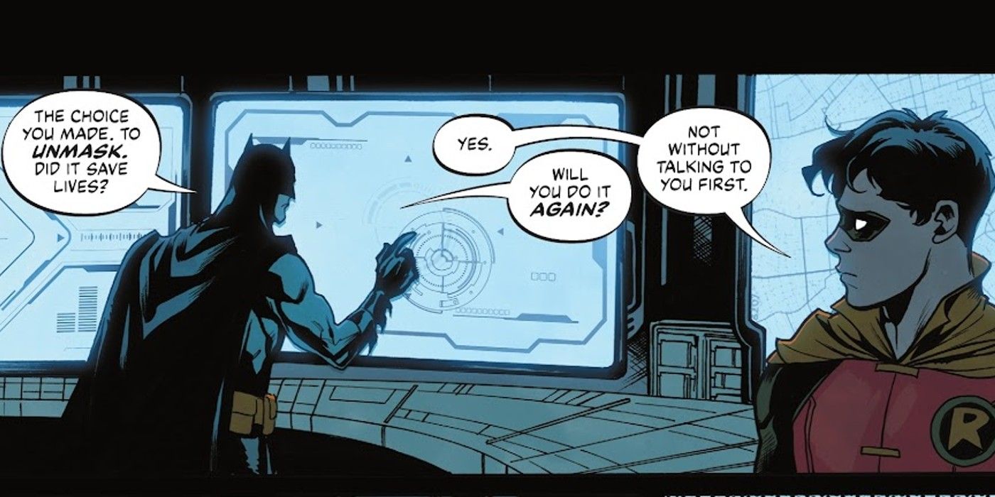 Comic book panel: Dick Grayson Robin justifies unmasking to Batman for the Titans.