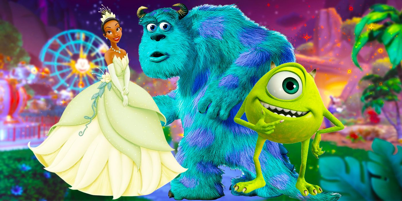 Princess Tiana, Sulley, and Mike Wazowski with a carnival and volcano in the background.