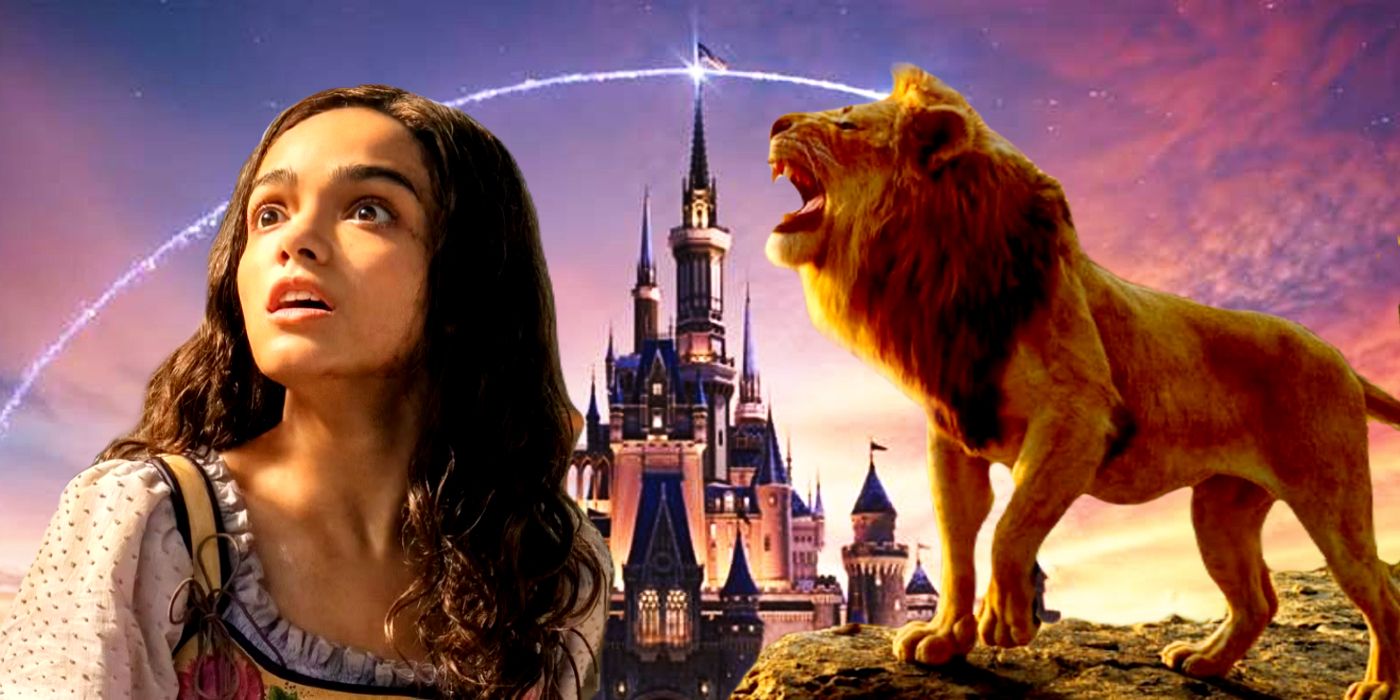 Rachel Zegler, Disney castle logo, and Mufasa from The Lion King
