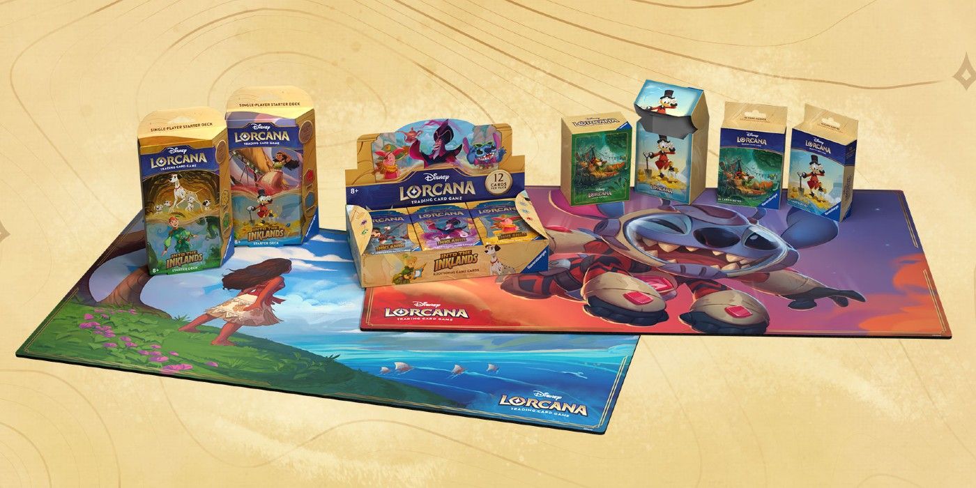 Disney Lorcana: Into the Inklands set showing off booster packs, starter decks, mats, and deckboxes of Moana and Stitch.