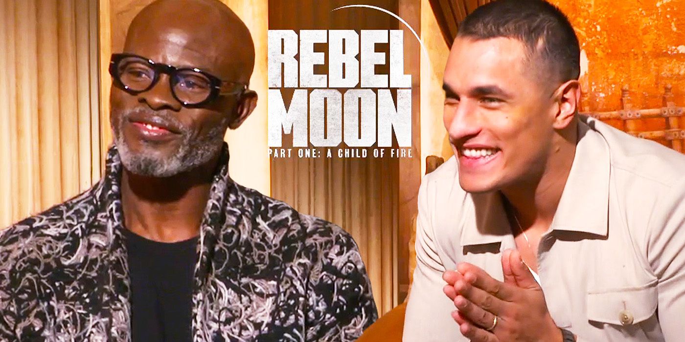 Image of Djimon Hounsou & Staz Nair laughing during their Rebel Moon interview