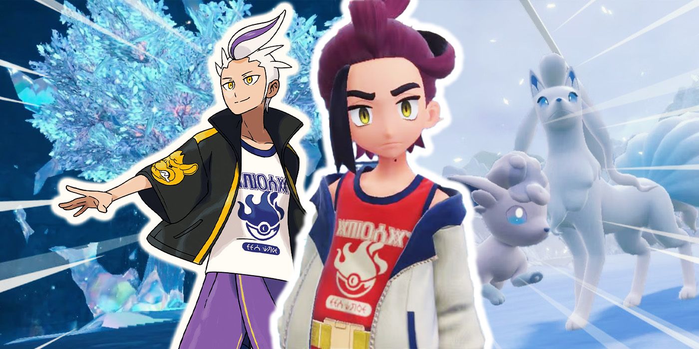 Kieran and Drayton standing in front of the snowy biome and Alolan Ninetails and Alolan Vulpix.