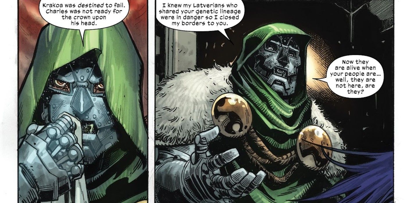 panels from X-Men #29, Doctor Doom predicted X-Men's Krakoa to fail