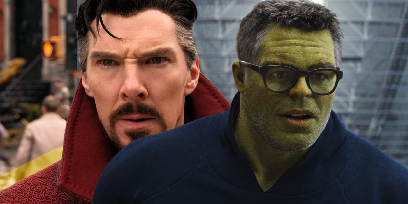 Split image of Doctor Strange (benedict cumberbatch) and Smart Hulk (mark ruffalo) 