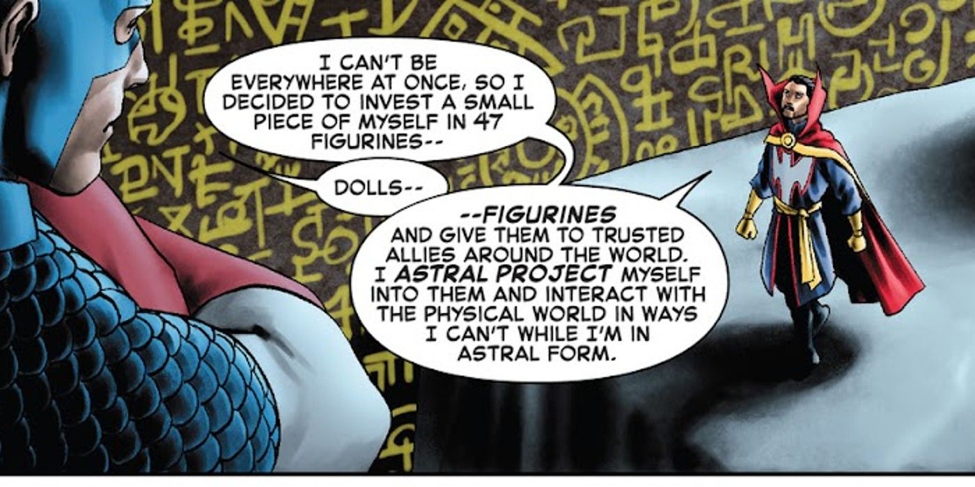 panel from Captain America #3, Doctor Strange explains his doll form to Captain America