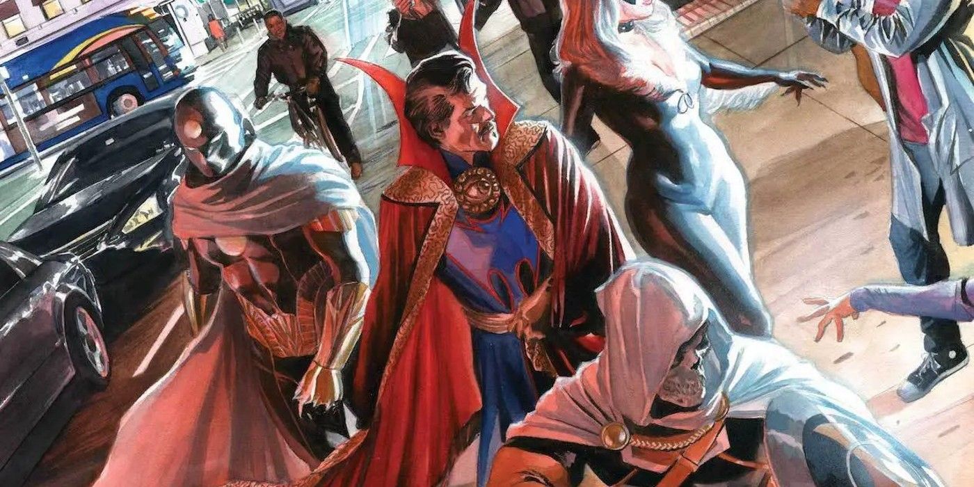 Image of Alex Ross' cover to Doctor Strange #13, featuring Strange, Hunter's Moon, Black Cat and Taskmaster.