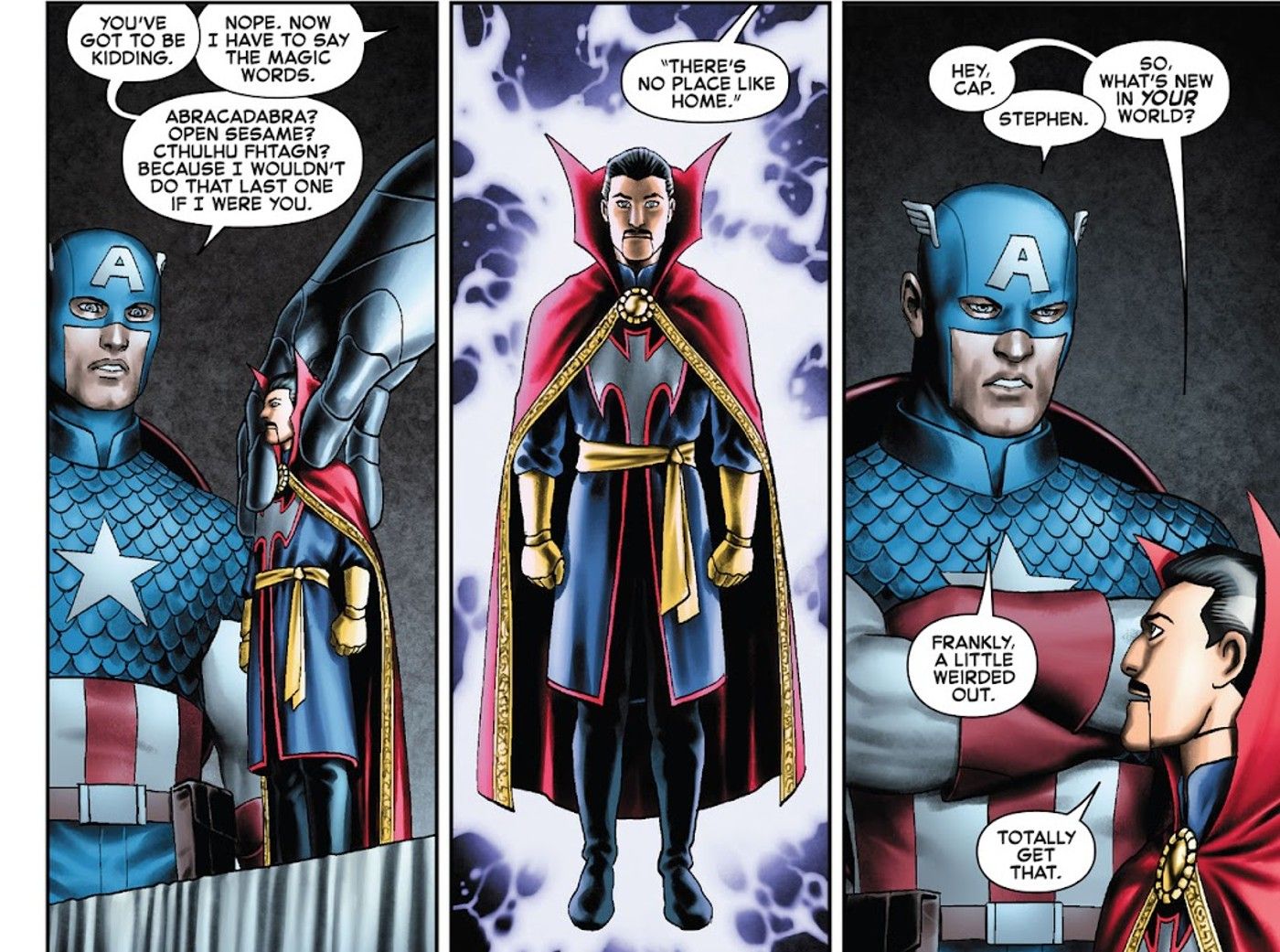 panels from Captain America #3, Doctor Strange talks to Captain America as a doll