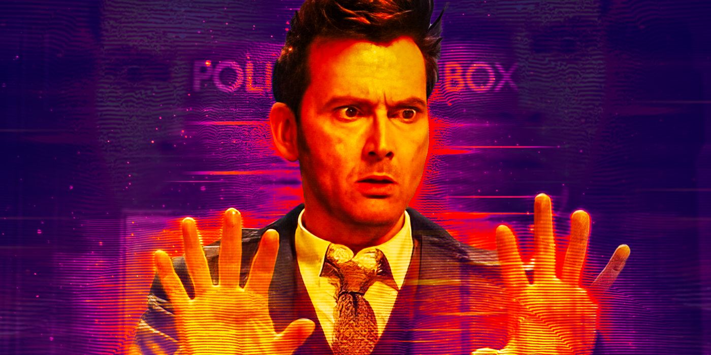 David Tennant's Fourteenth Doctor staring at his hands in front of a TARDIS backdrop