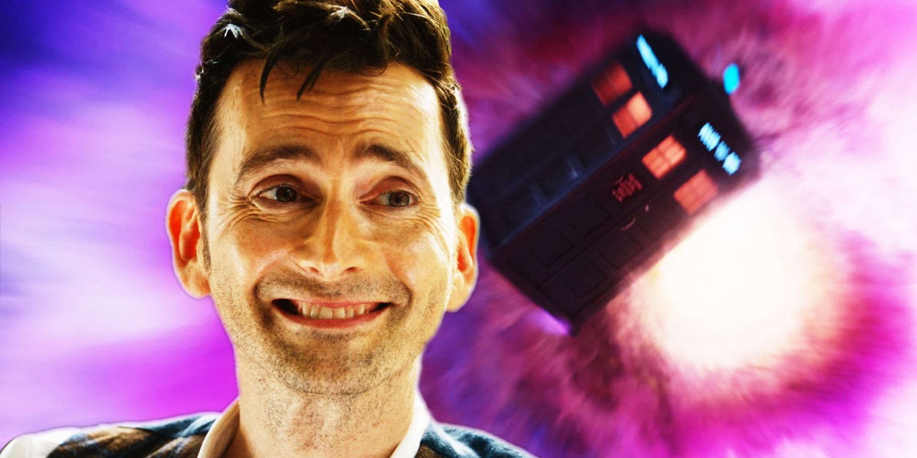 David Tennant smiles as the TARDIS flies through the vortex behind him