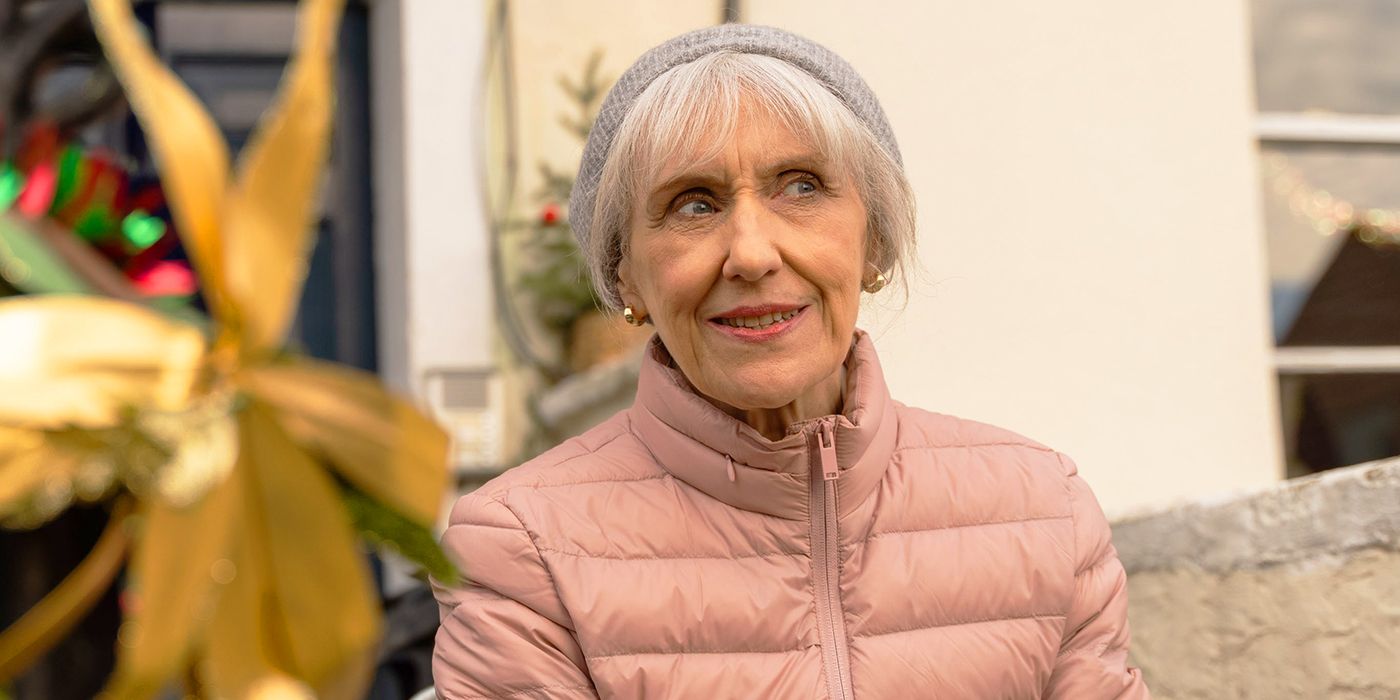 Anita Dobson looking suspicious as Mrs. Flood in the Doctor Who 2023 Christmas special.