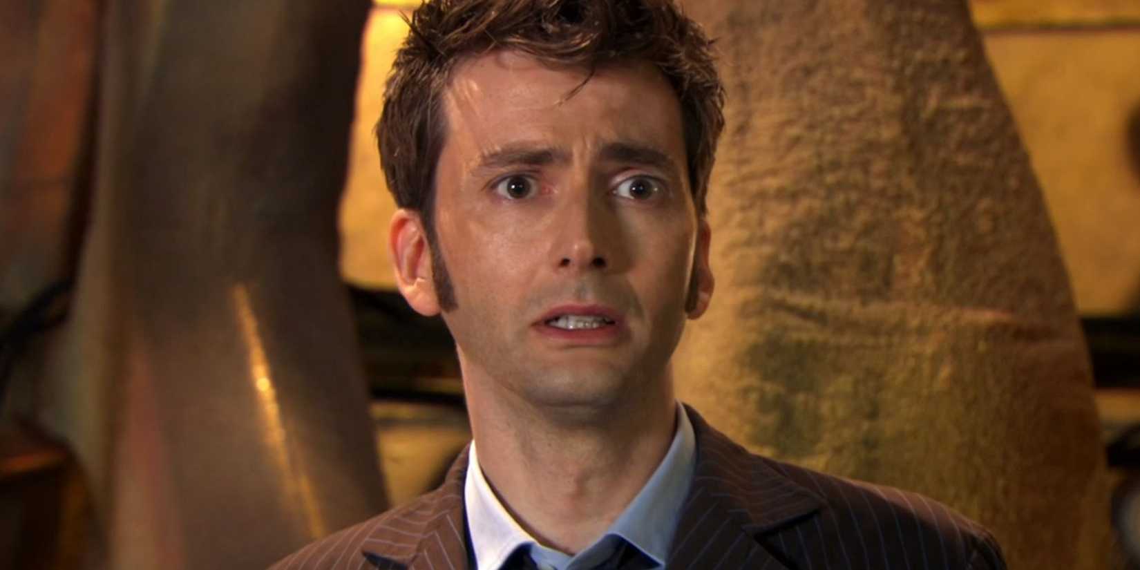 David Tennant as the Tenth Doctor in the TARDIS, looking upset just before regenerating, in the Doctor Who episode "The End of Time" part 2.