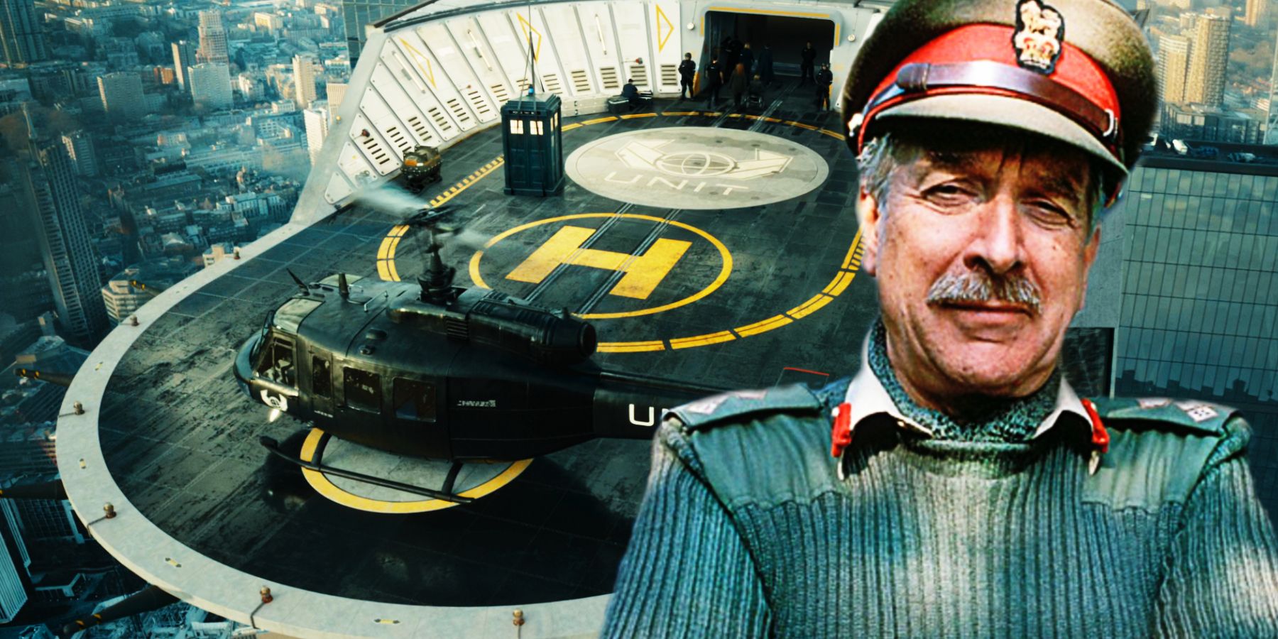 Nicholas Courtney como Brigadeiro e heliponto da UNIT de Doctor Who
