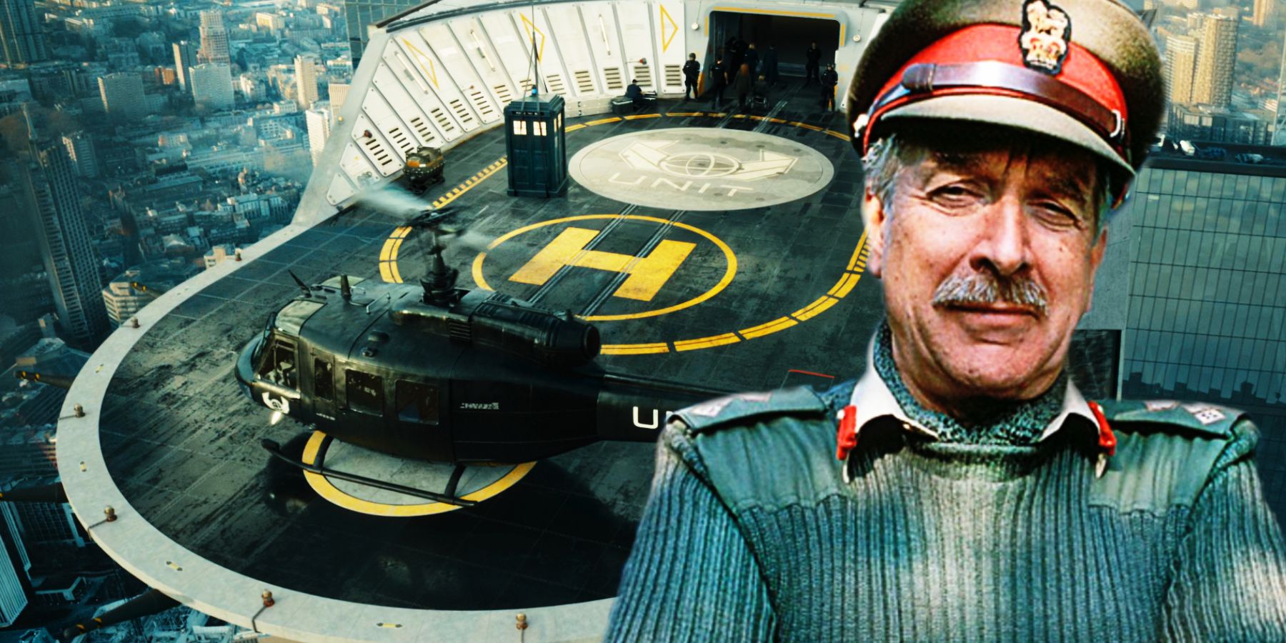 Nicholas Courtney as the Brigadier and Doctor Who&rsquo;s UNIT helipad