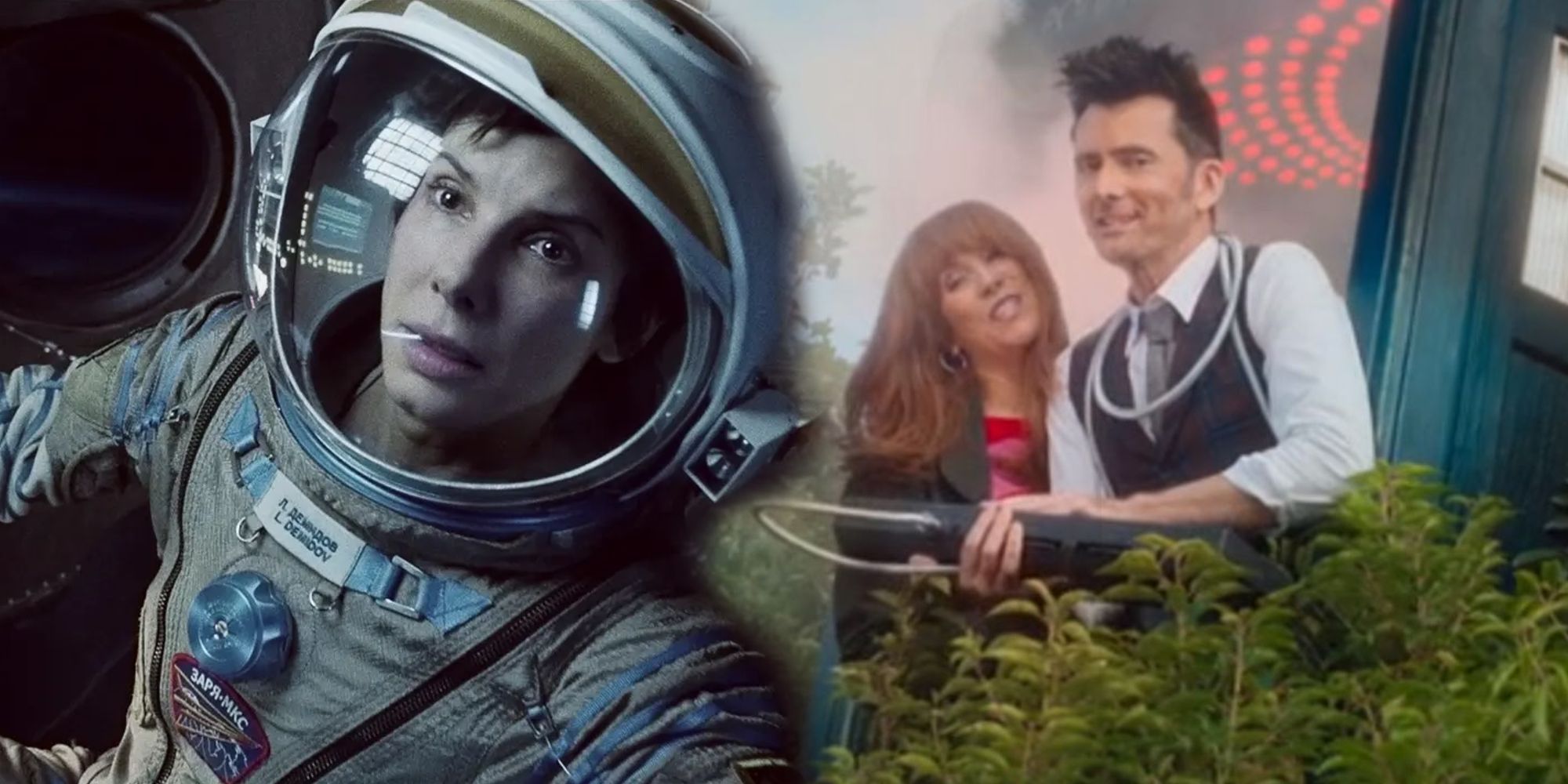 Doctor Who Wild Blue Yonder David Tennant and Catherine Tate as the Fourteenth Doctor and Donna next to Sandra Bullock in Gravity