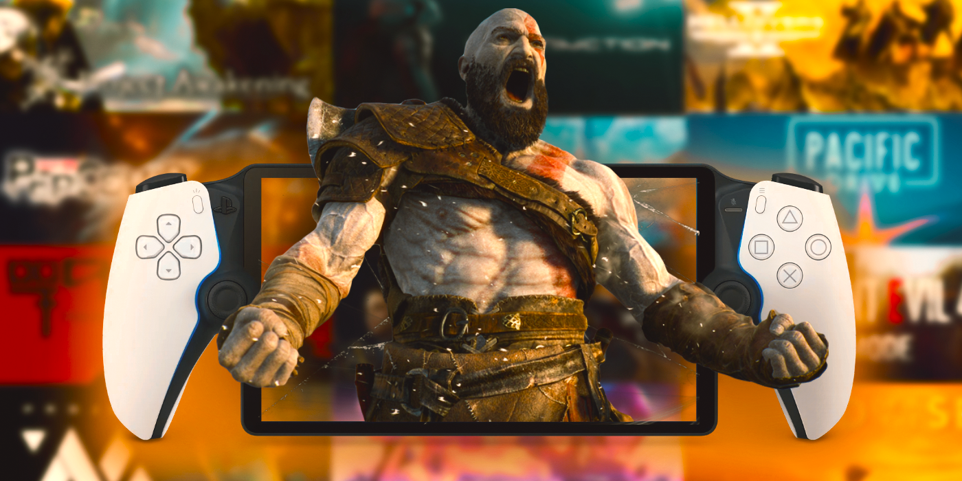 Kratos from God of War bursting out of the screen on a PlayStation Portal device.