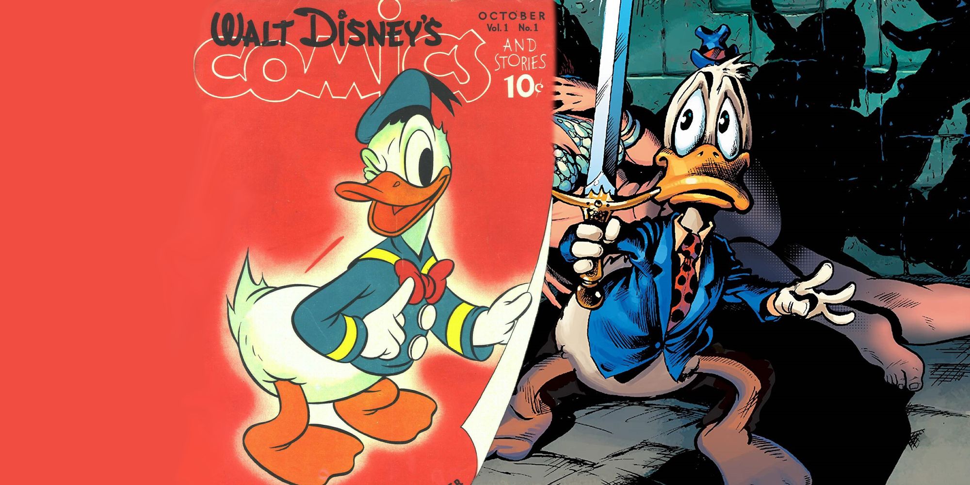 Donald Duck on the cover of Walt Disney Comics pulls back a page to reveal Howard the Duck from the cover of his complete collection vol 1.