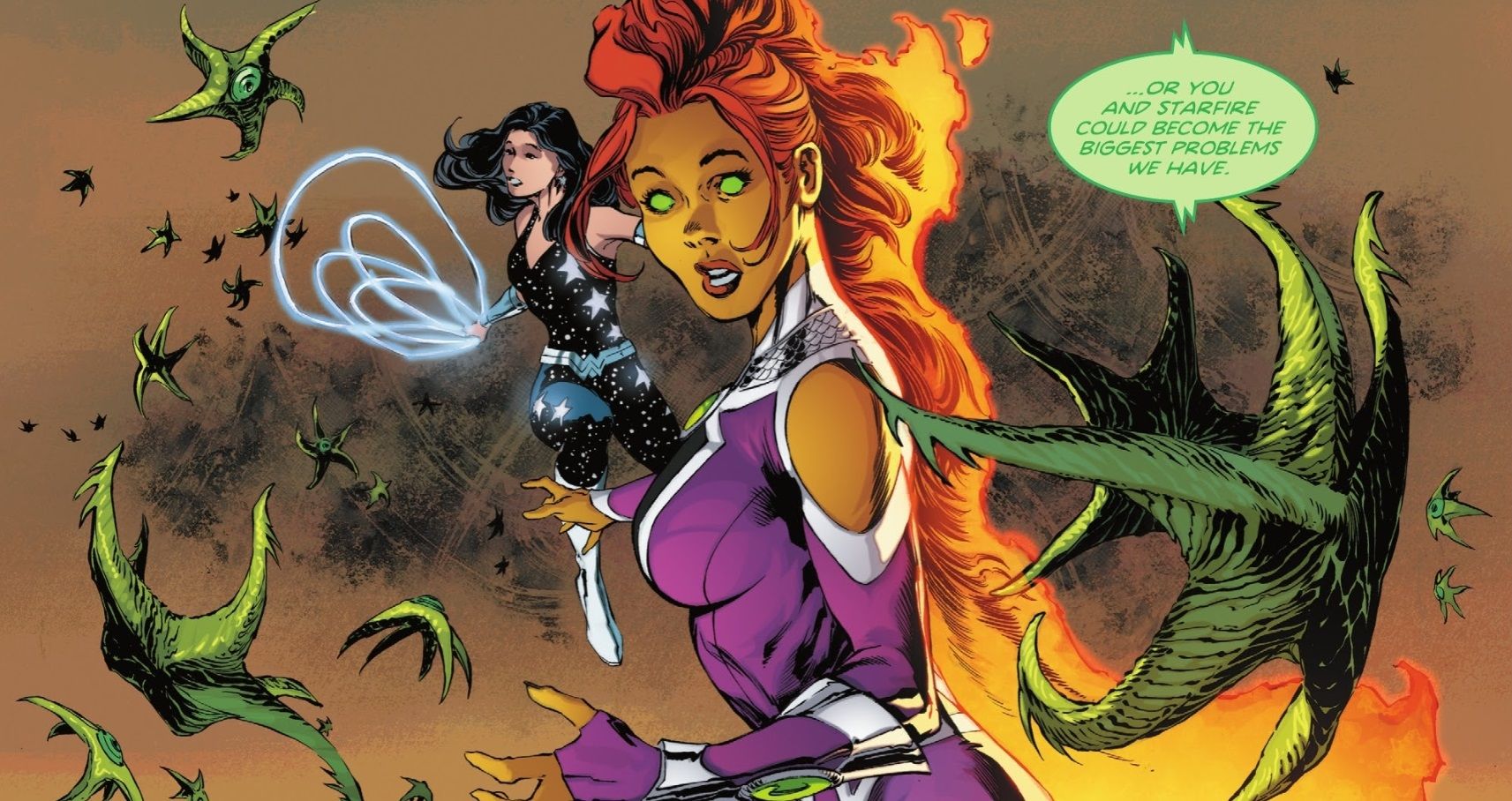 Comic book panel: Donna Troy and Starfire, no longer able to count on older heroes for aid, face off against Garro&rsquo;s spores.