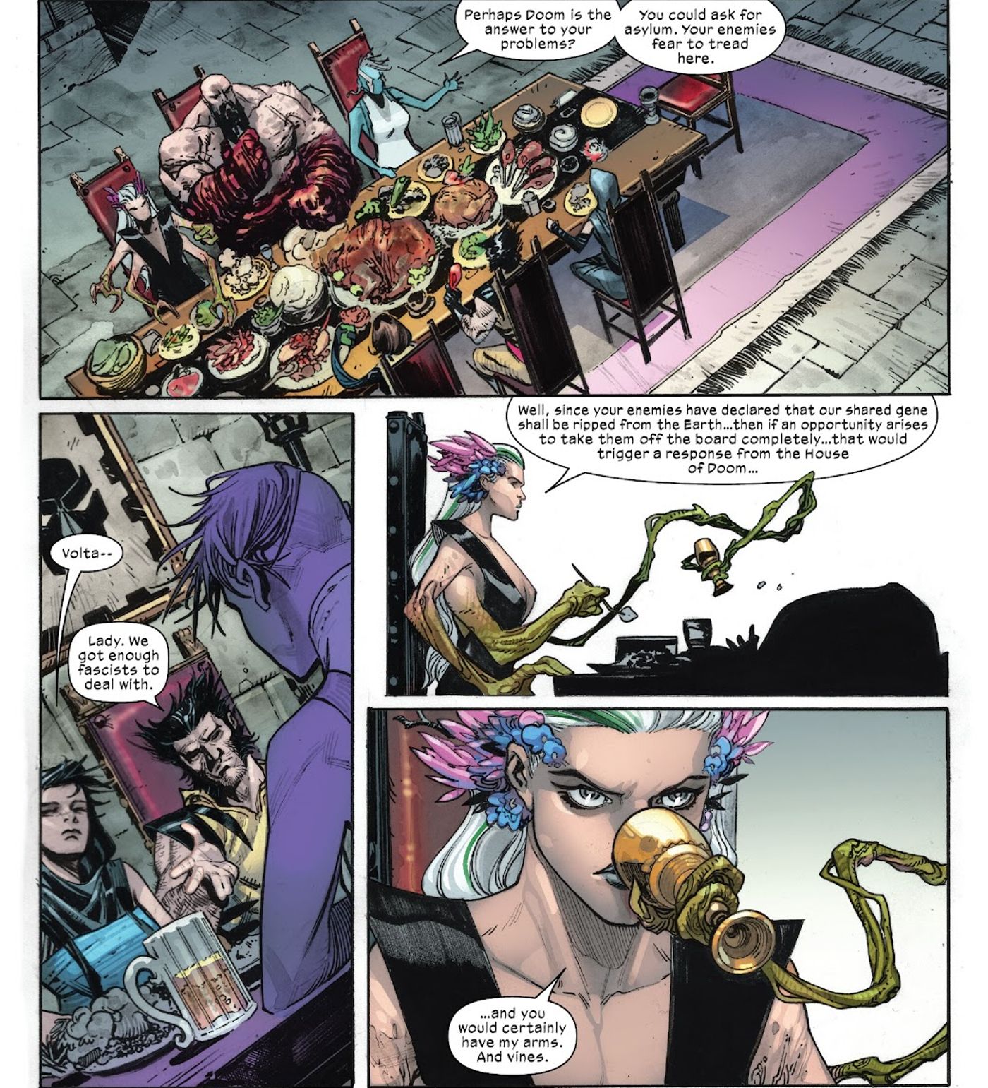 panels from X-Men #29, the X-Men dine with Doom&rsquo;s Legion of Mutants and discuss a possible alliance