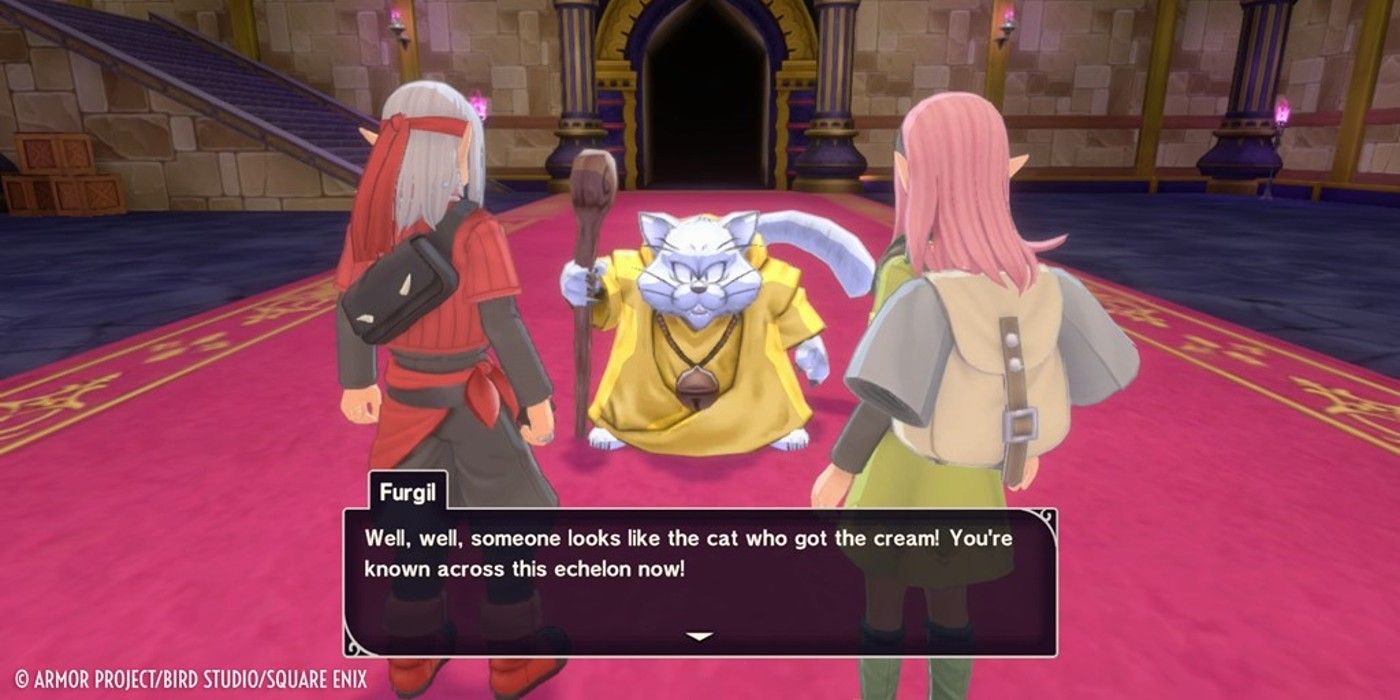 Furgil, a cat wizard, in front of Psaro and Rose in DQ Monsters.