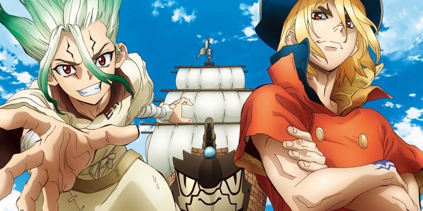 Dr. Stone New World featuring Senkuu and Ryuusui with a ship in the background