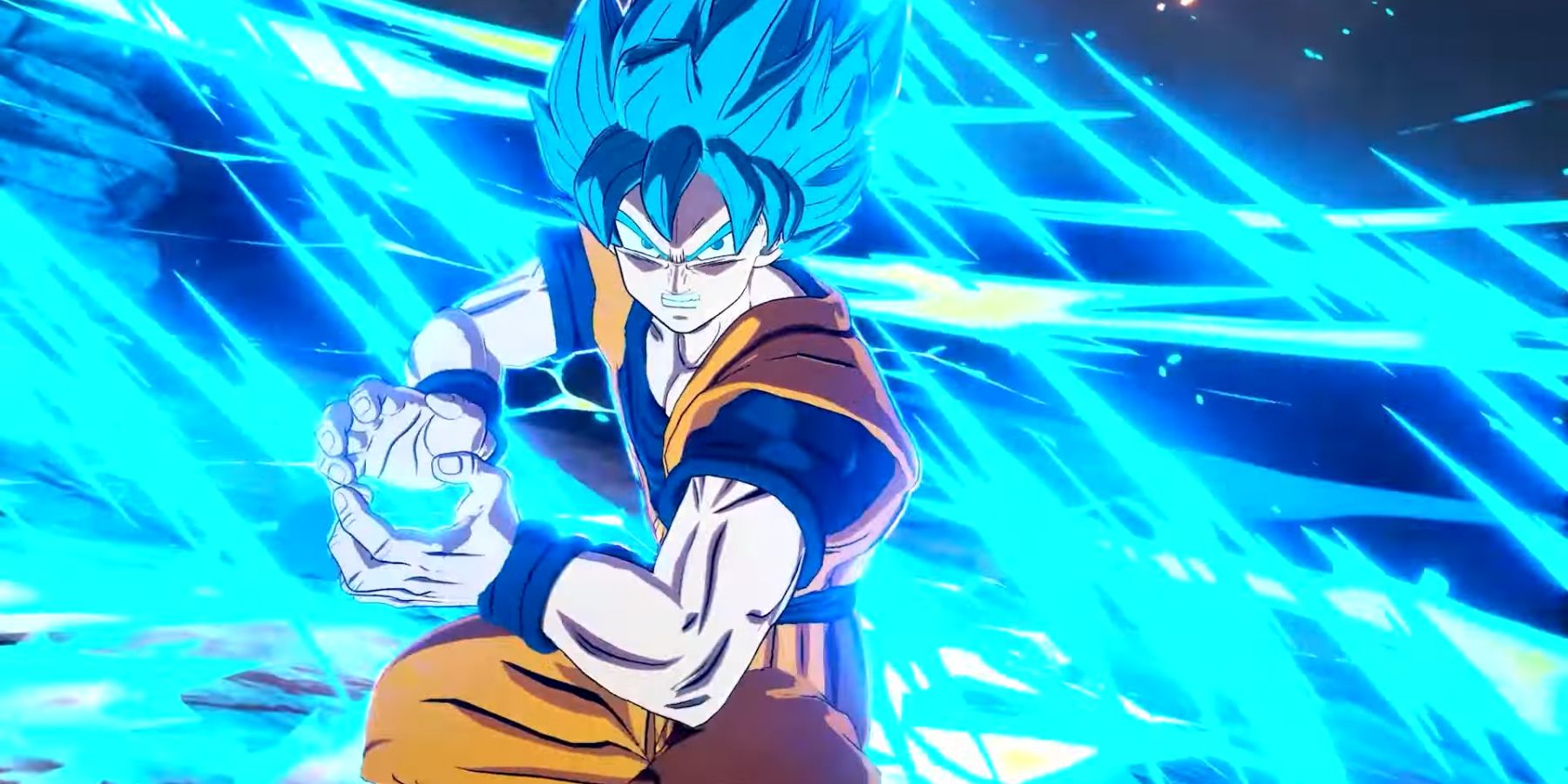 Goku from Dragon Ball surrounded by swirling blue energy as he charges an attack.