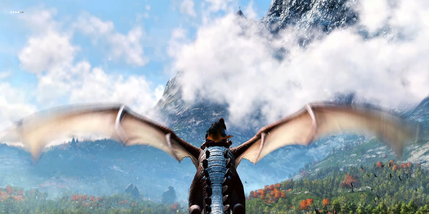 Flying on a dragon with a mountain in the background in Light No Fire.