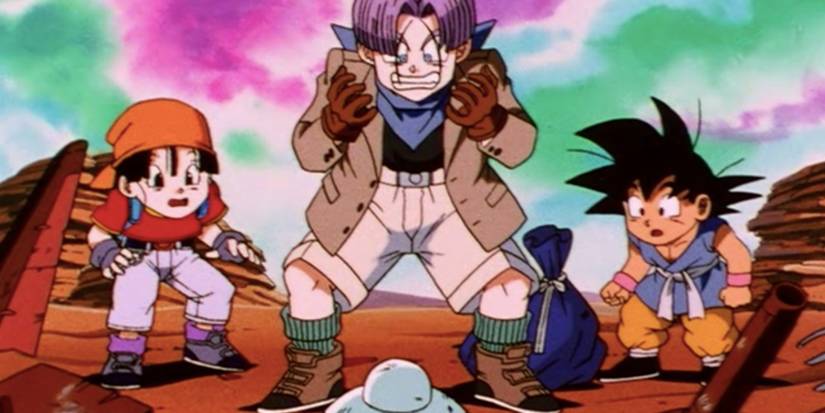 Dragon Ball GT's Trunks, Goku, and Pan stressed about the Dragon Radar.