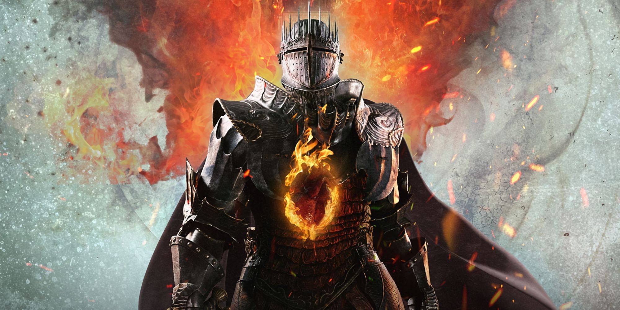 The Arisen, o personagem principal de Dragon's Dogma 2, vestindo uma armadura ornamentada, com um anel de fogo flutuando na frente de seu torso.