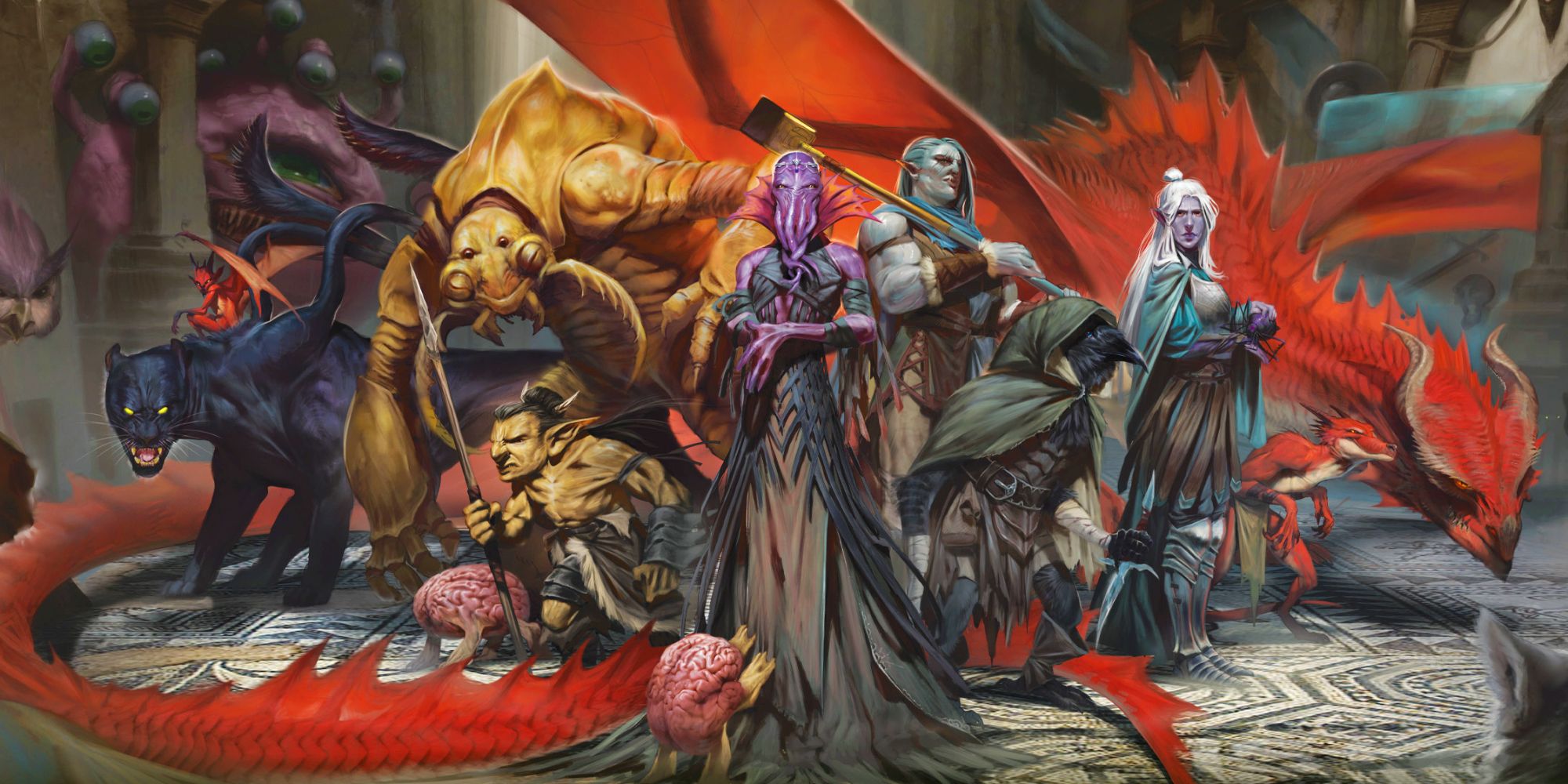 A variety of Dungeons & Dragons characters, all different races or types of creatures standing together in a group. A red dragon encircles the whole group with its body and tail.