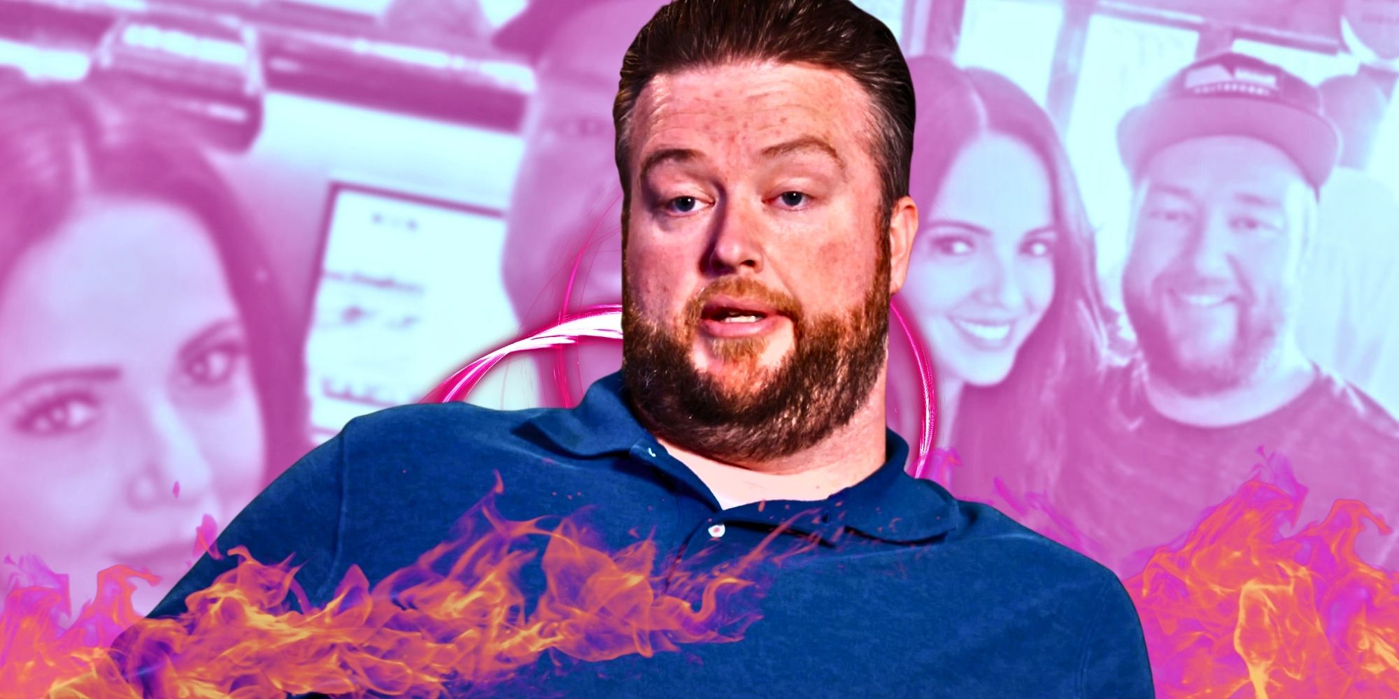 Mike Youngquist wearing blue shirt and photos with Marcia Alves in the 90 Day Fiance star's background with flames