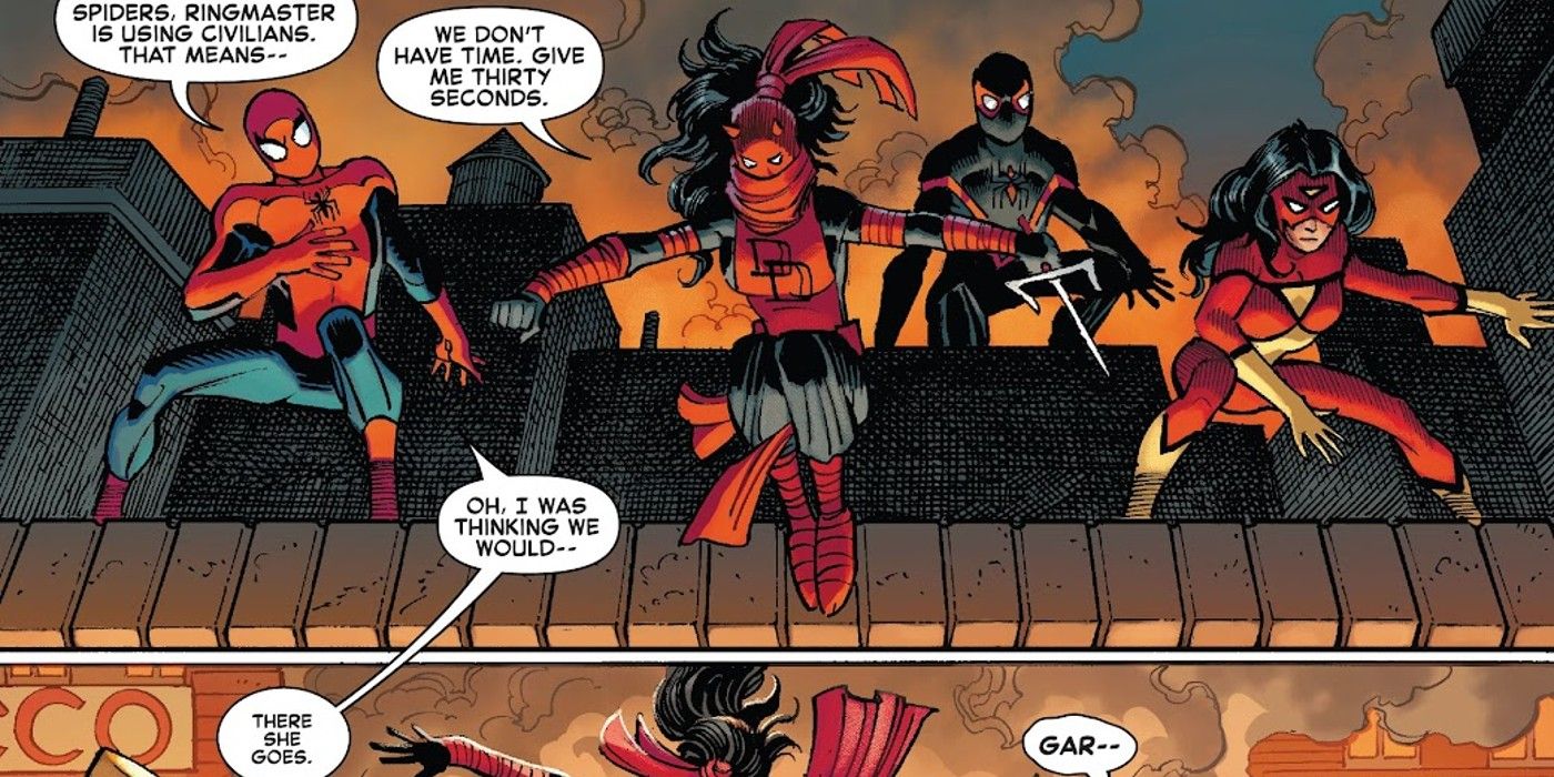 Amazing Spider-Man #39, Elektra jumps ahead of the rest of the Gang War team to fight 