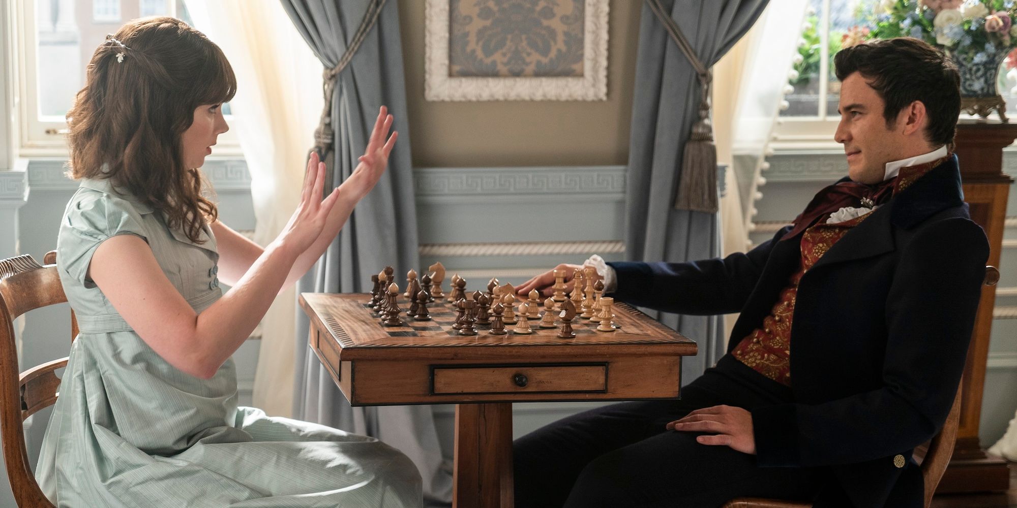 Eloise e Benedict jogam xadrez na segunda temporada de Bridgerton