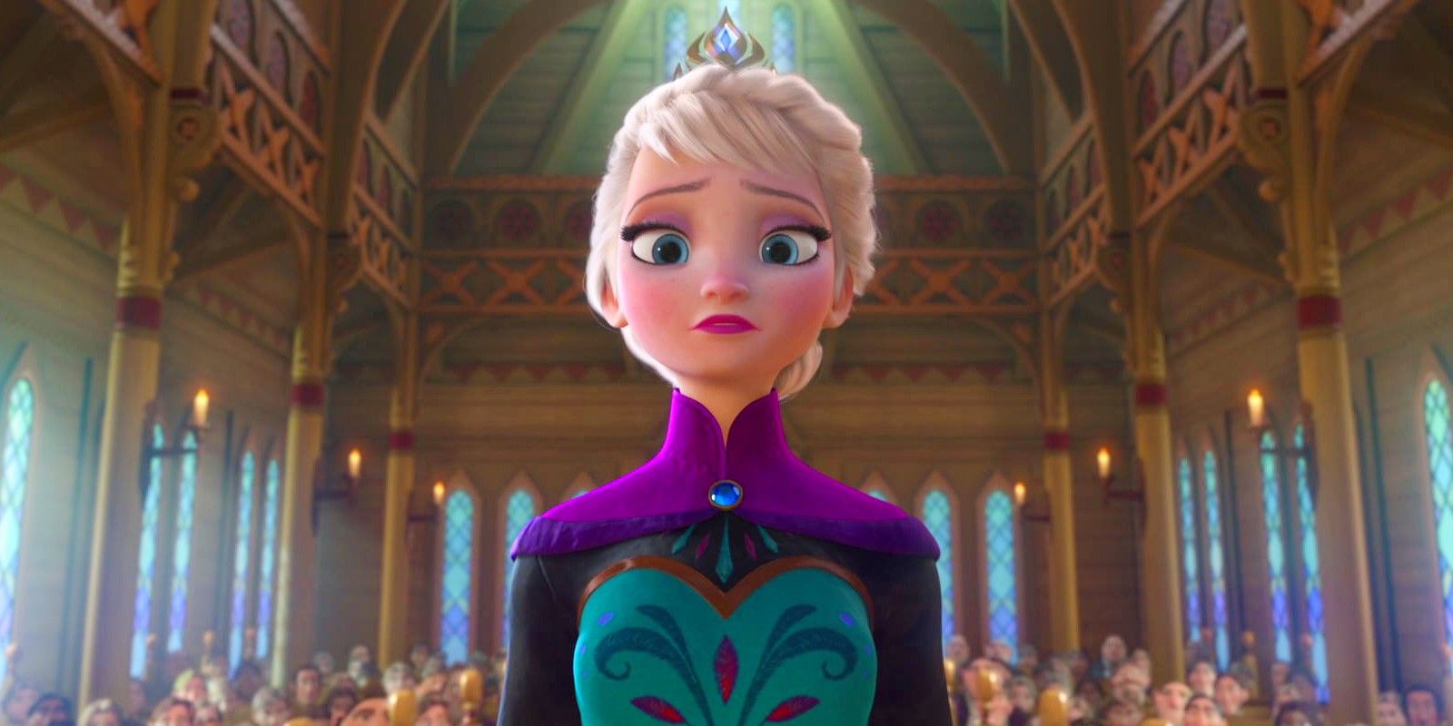 Elsa standing tall at her coronation while looking nervous in Frozen