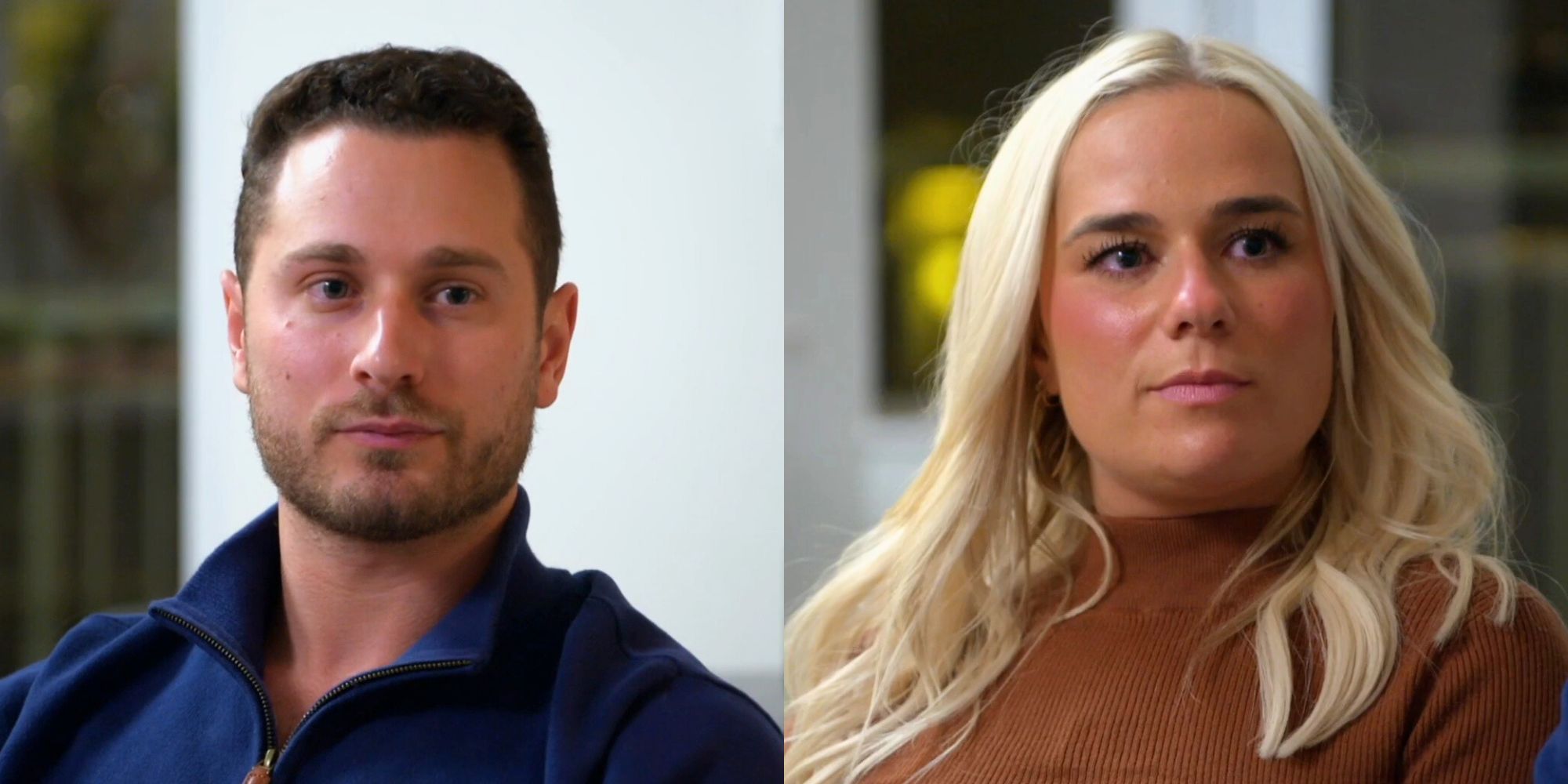 Emily and Brennan from Married at First Sight season 17 side by side images looking upset