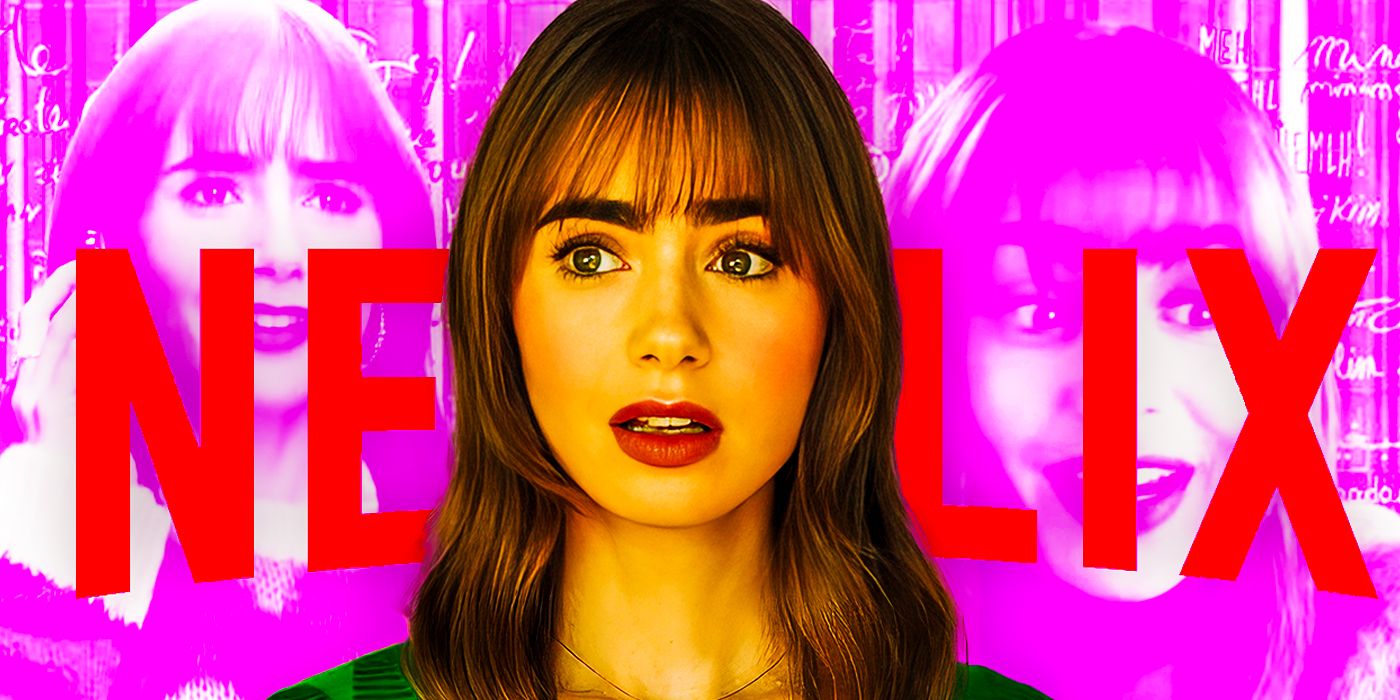 Lily Collins looking shocked as Emily from Emily in Paris with the Netflix logo behind her