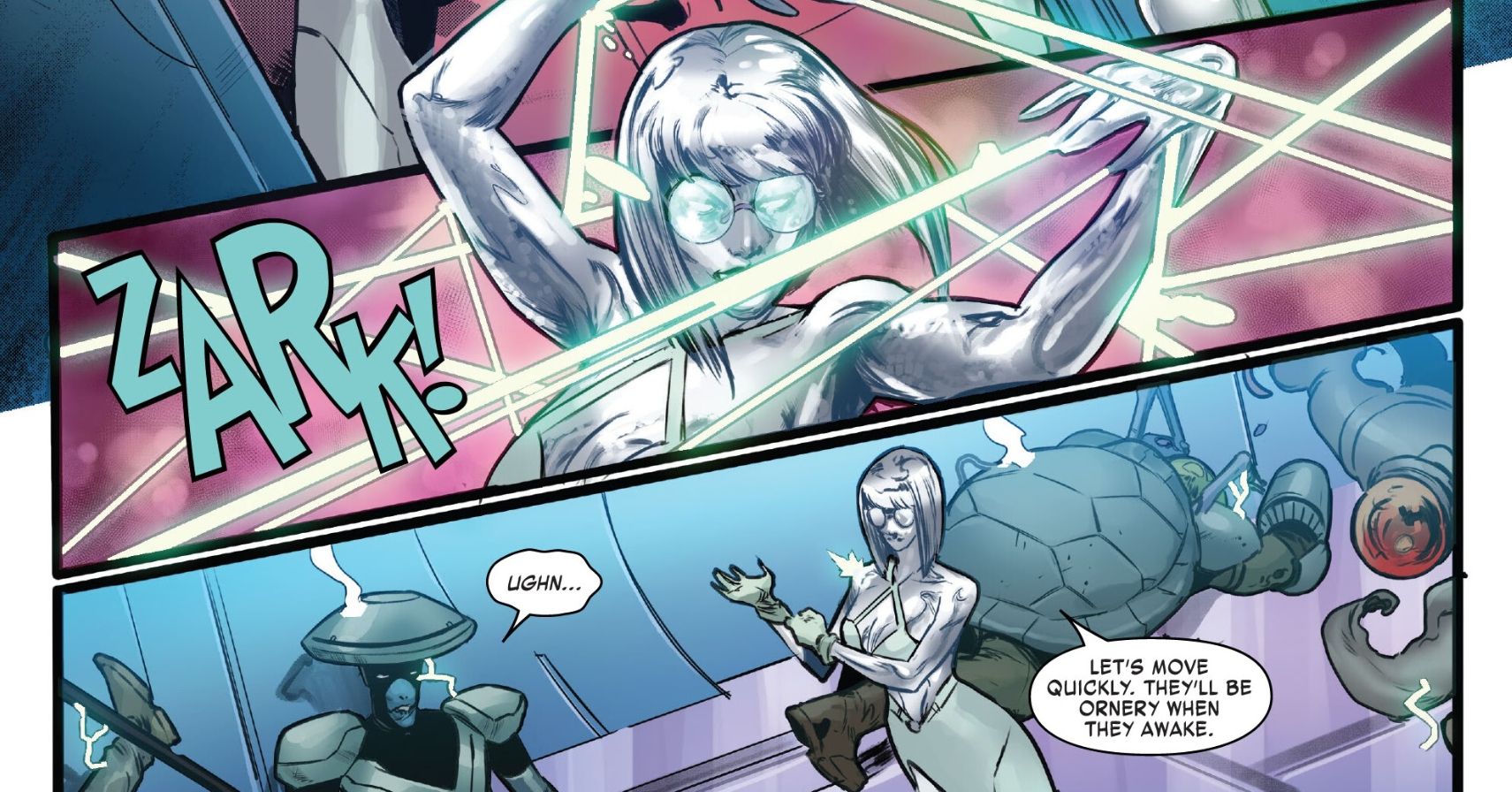 Crackling with Repulsor energy, Emma Frost redirects the beams through her fingertips and cuts through the entire hallway of space pirates.